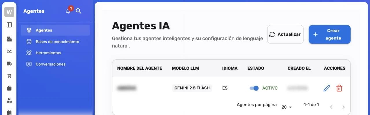 Listado Agentes IA con el botón Crear agente y las columnas Nombre del agente, Modelo LLM, Idioma, Estado, Creado el y Acciones