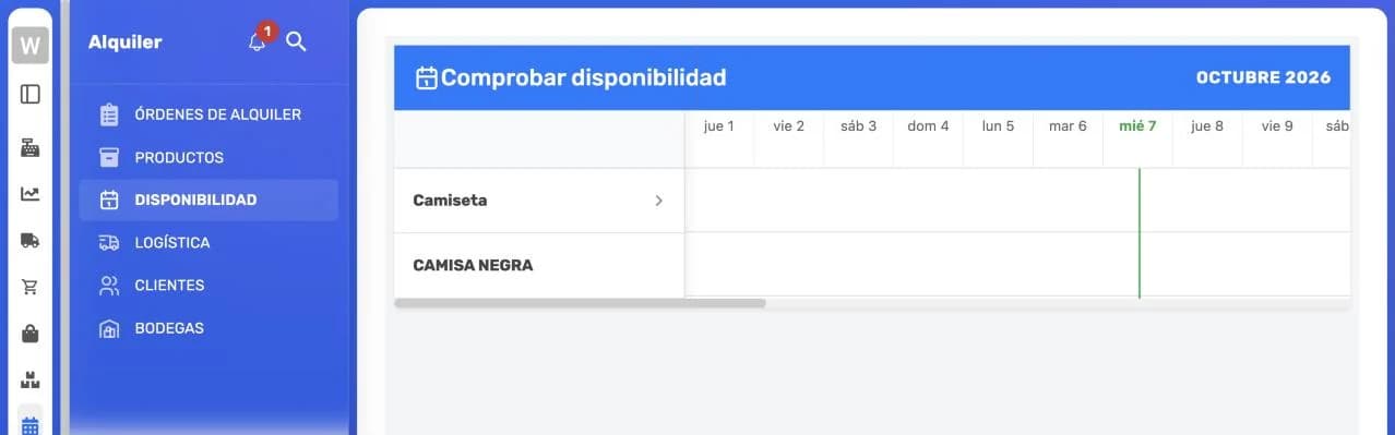 Pantalla Comprobar disponibilidad del módulo Alquiler: una fila por producto y una columna por cada día del mes
