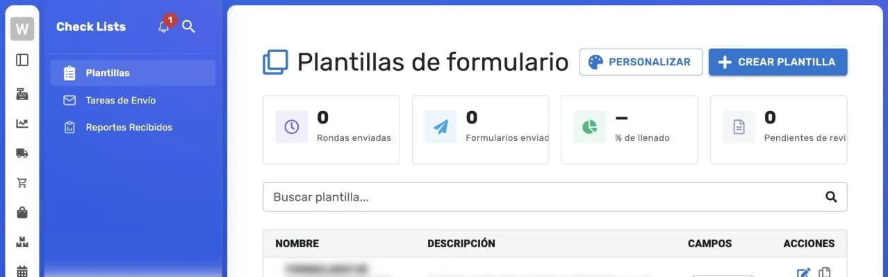 Pantalla Plantillas de formulario con los indicadores Rondas enviadas, Formularios enviados, % de llenado y Pendientes de revisión, y los botones Personalizar y Crear plantilla
