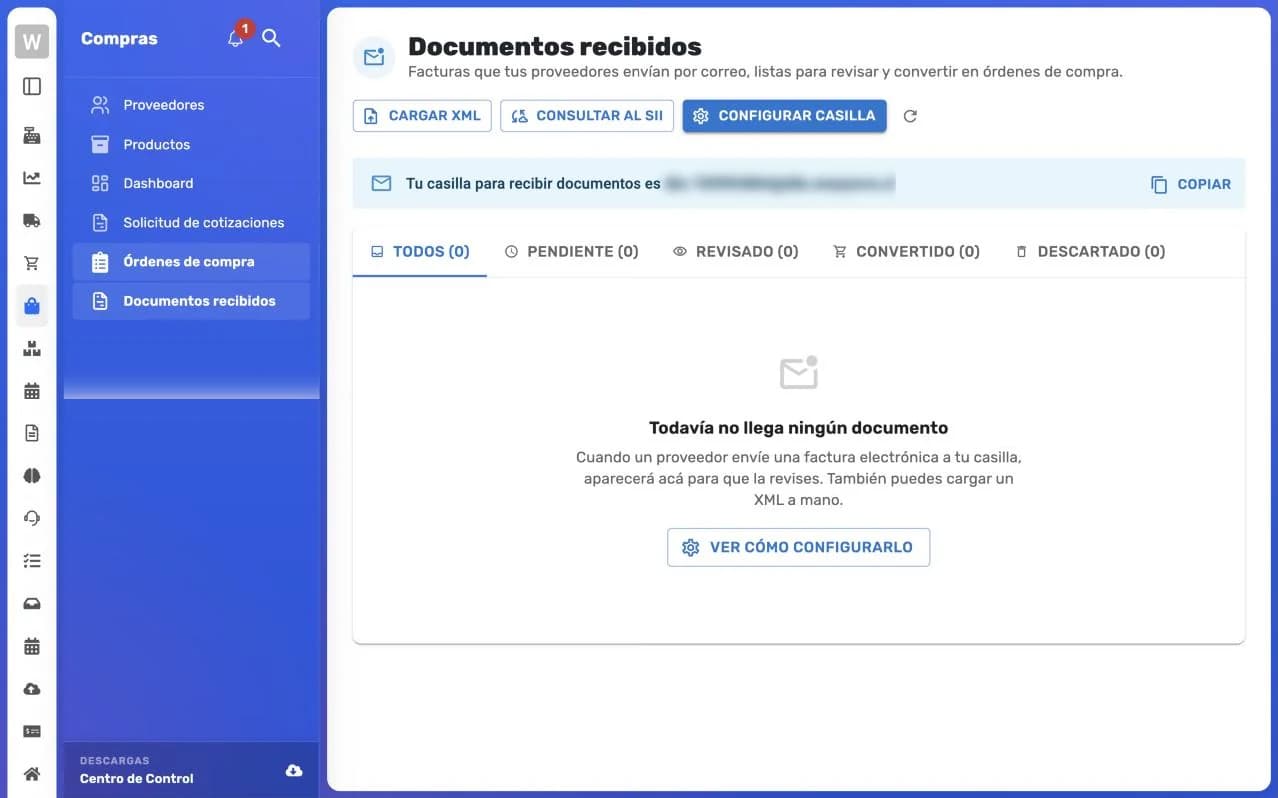 Pantalla Documentos recibidos con los botones Cargar XML, Consultar al SII y Configurar casilla, la dirección de la casilla y las pestañas Todos, Pendiente, Revisado, Convertido y Descartado