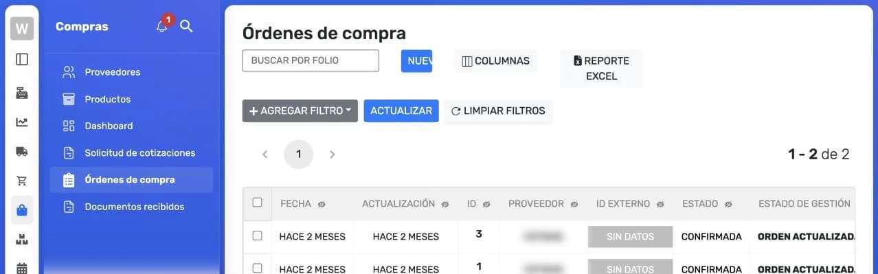 Listado de órdenes de compra con buscador por folio, filtros y las columnas Fecha, Actualización, ID, Proveedor, ID externo, Estado y Estado de gestión
