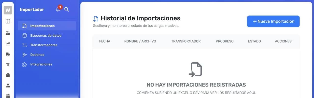 Historial de Importaciones con el botón Nueva Importación y las columnas Fecha, Nombre / Archivo, Transformador, Progreso, Estado y Acciones