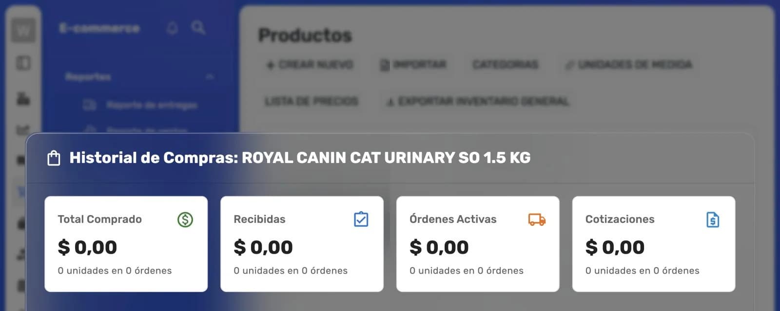 Ventana Historial de Compras con las tarjetas Total Comprado, Recibidas, Órdenes Activas y Cotizaciones, cada una con su monto y sus unidades