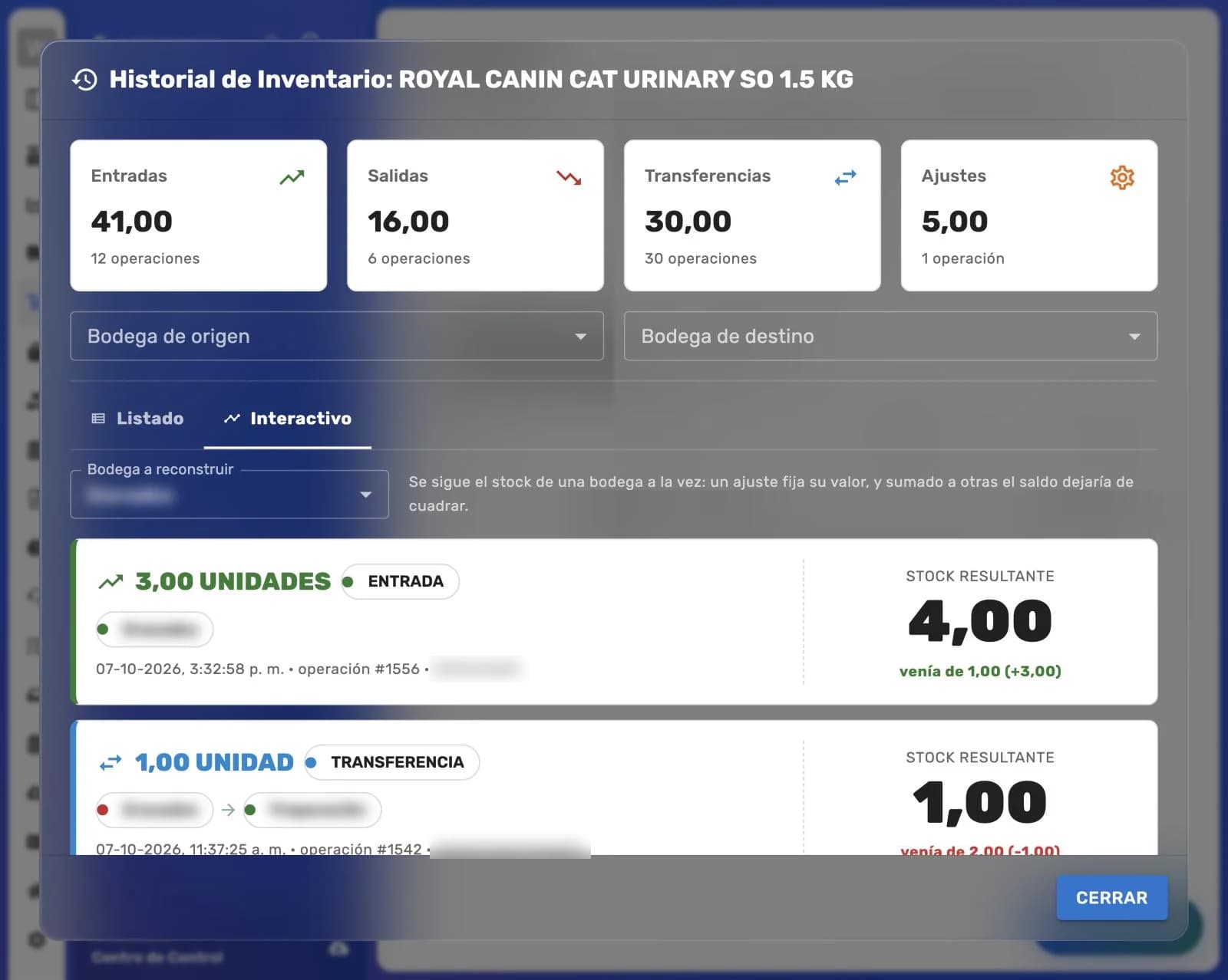 Pestaña Interactivo del Historial de Inventario: cada movimiento en una tarjeta con las unidades, el tipo de operación, la bodega y a la derecha el Stock resultante