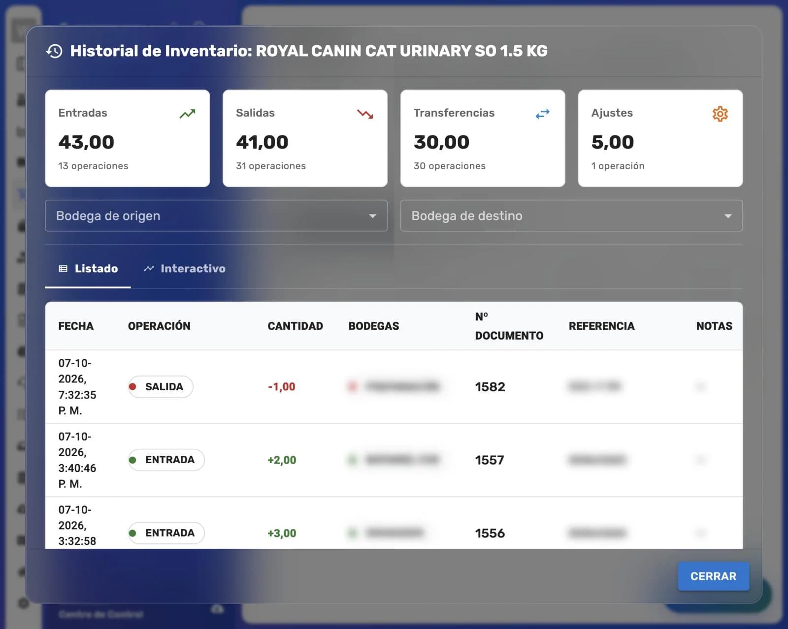 Ventana Historial de Inventario con las tarjetas Entradas, Salidas, Transferencias y Ajustes, los filtros de bodega, las pestañas Listado e Interactivo y la tabla de movimientos