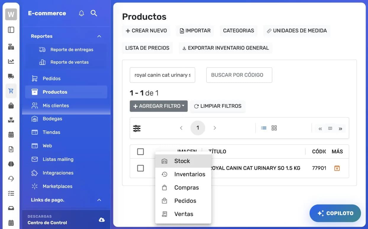 Pantalla Productos de E-commerce con un producto buscado por nombre y el menú de tres puntos abierto mostrando Stock, Inventarios, Compras, Pedidos y Ventas