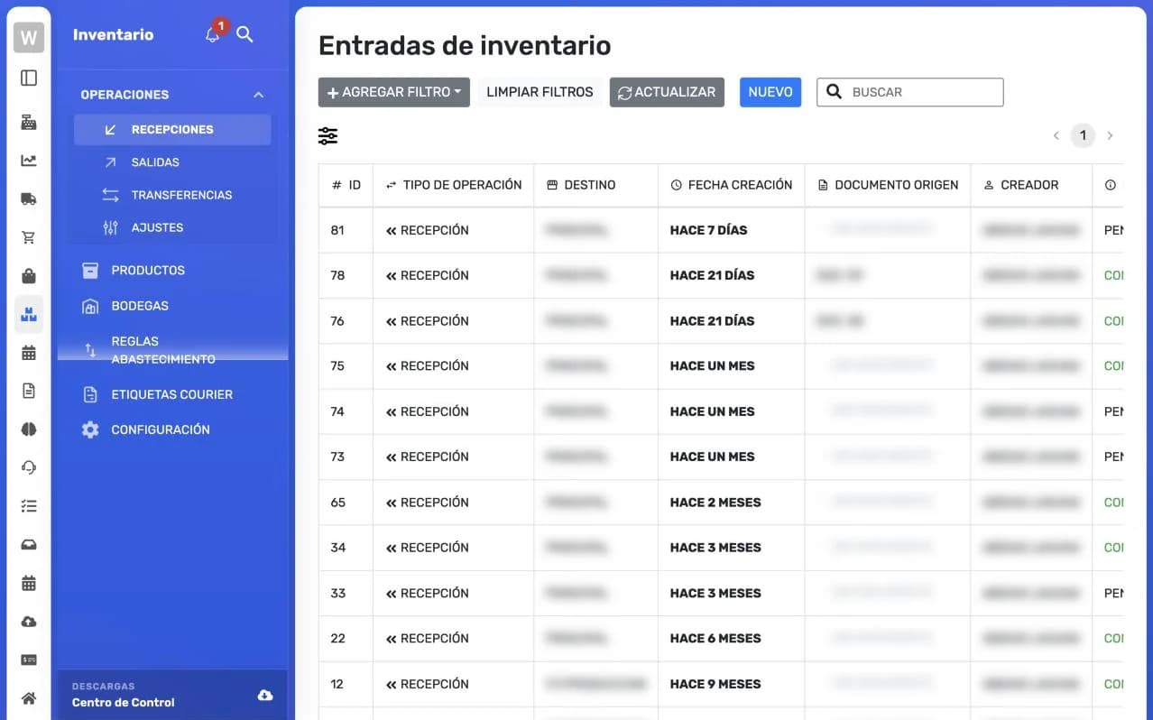 Listado Entradas de inventario con las recepciones, su destino, fecha de creación, documento de origen, creador y estado