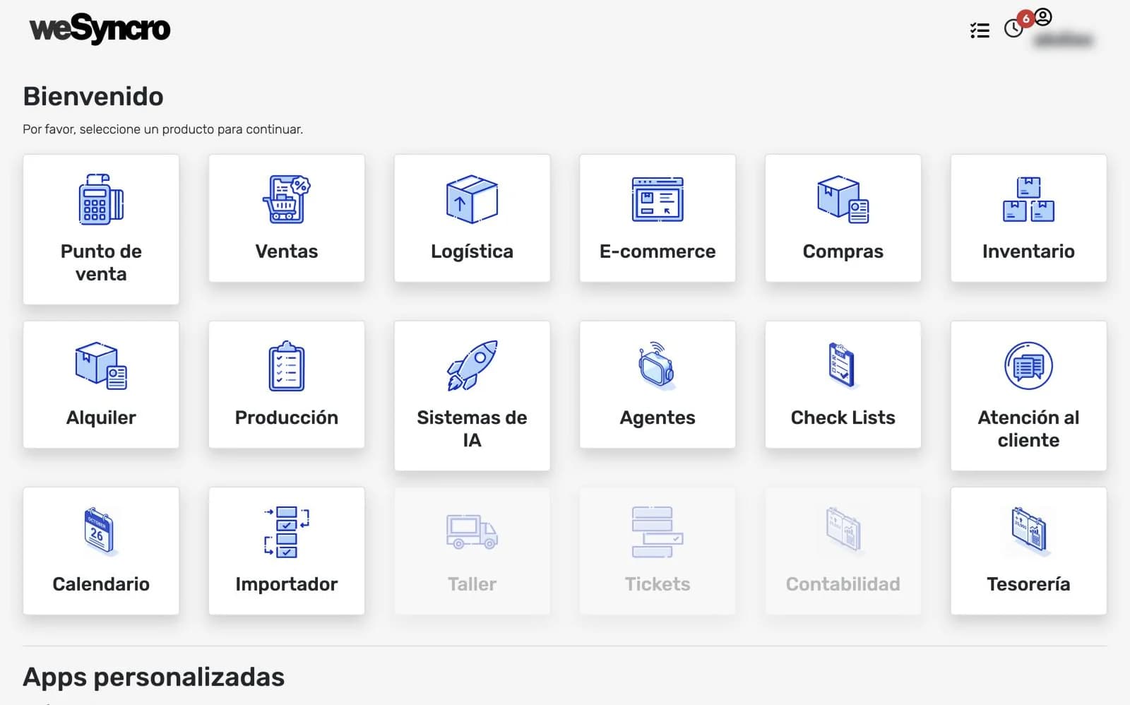 Pantalla de bienvenida de WeSyncro con un botón por cada producto: Punto de venta, Ventas, Logística, E-commerce, Compras, Inventario, Alquiler, Producción y más