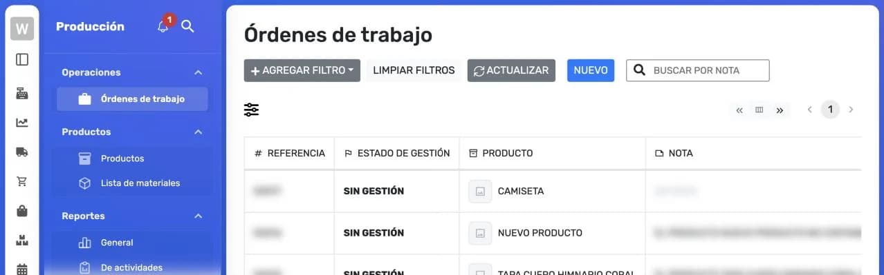 Listado Órdenes de trabajo con el botón Nuevo y las columnas Referencia, Estado de gestión, Producto y Nota