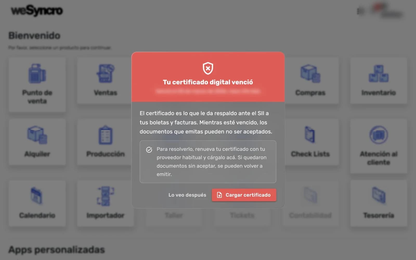 Aviso «Tu certificado digital venció» con los botones Lo veo después y Cargar certificado