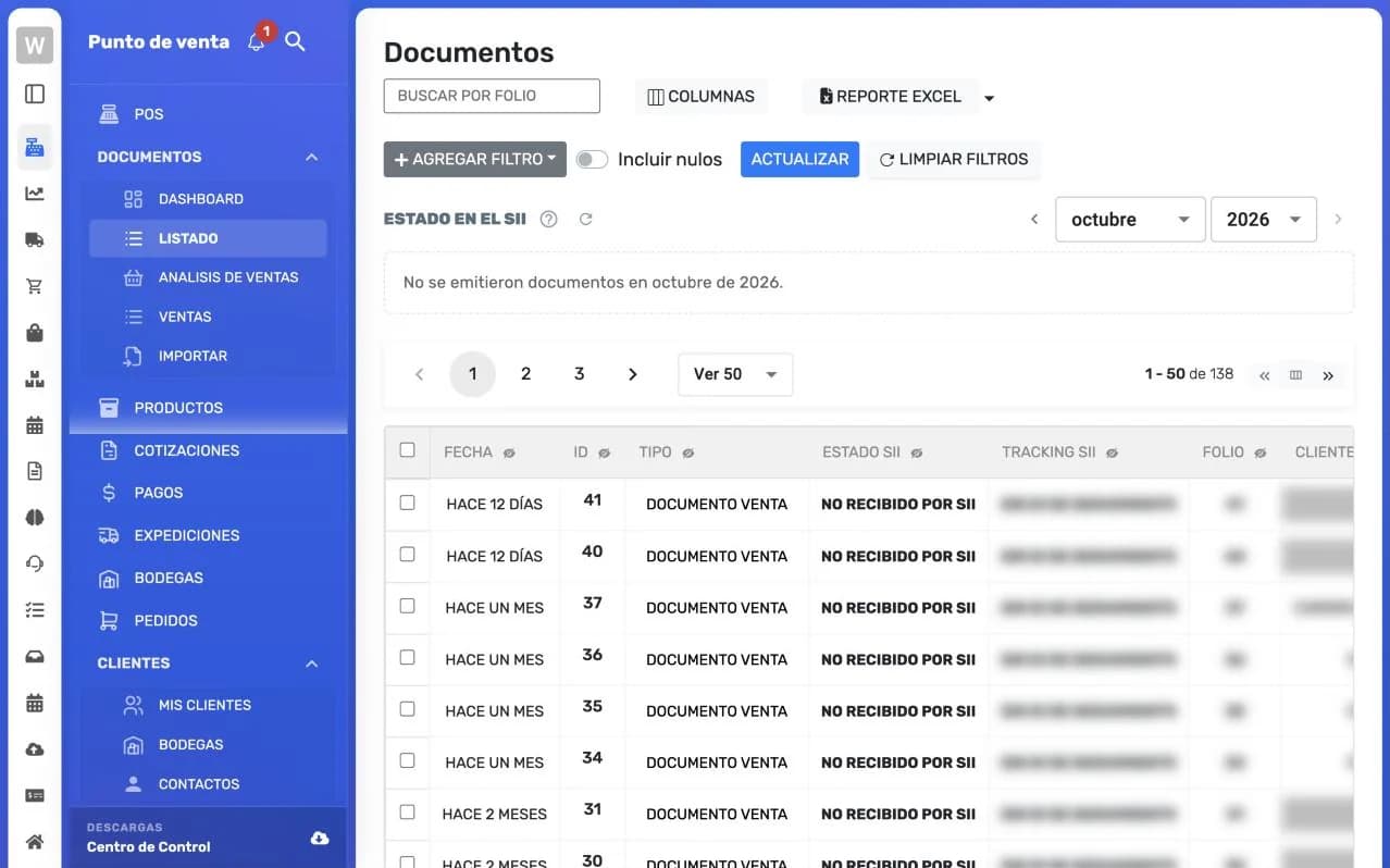 Listado de documentos emitidos con buscador por folio, filtros y las columnas Fecha, ID, Tipo, Estado SII, Tracking SII, Folio y Cliente