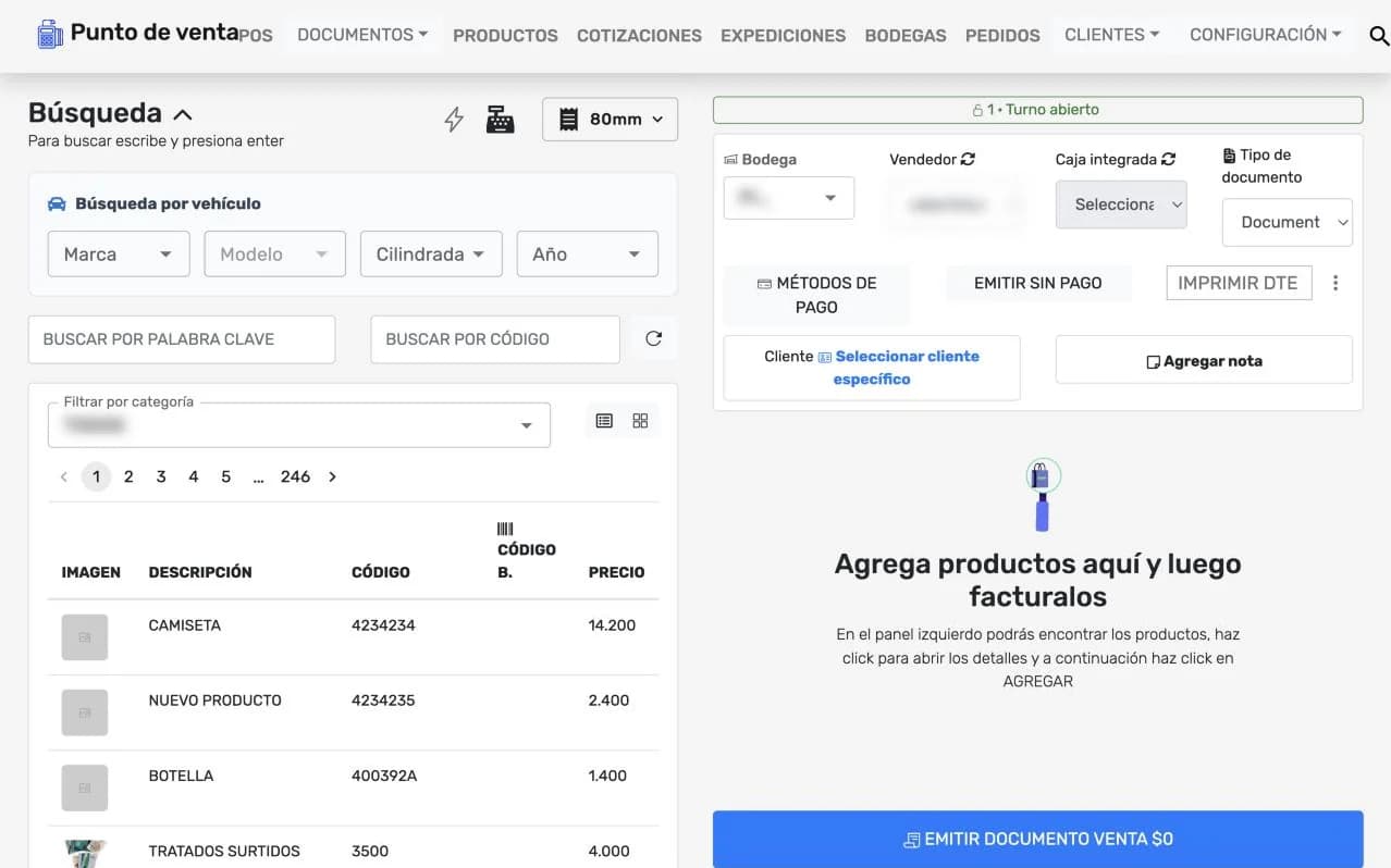 Pantalla del POS: a la izquierda el buscador y la lista de productos; a la derecha el carrito con bodega, vendedor, tipo de documento, métodos de pago y el botón Emitir documento