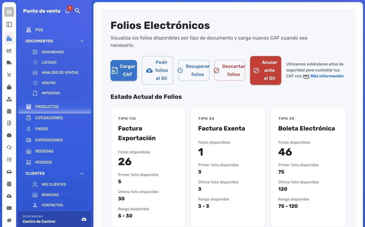 Pantalla Folios Electrónicos con los botones Cargar CAF, Pedir folios al SII, Recuperar folios, Descartar folios y Anular ante el SII, y una tarjeta por tipo de documento con sus folios disponibles