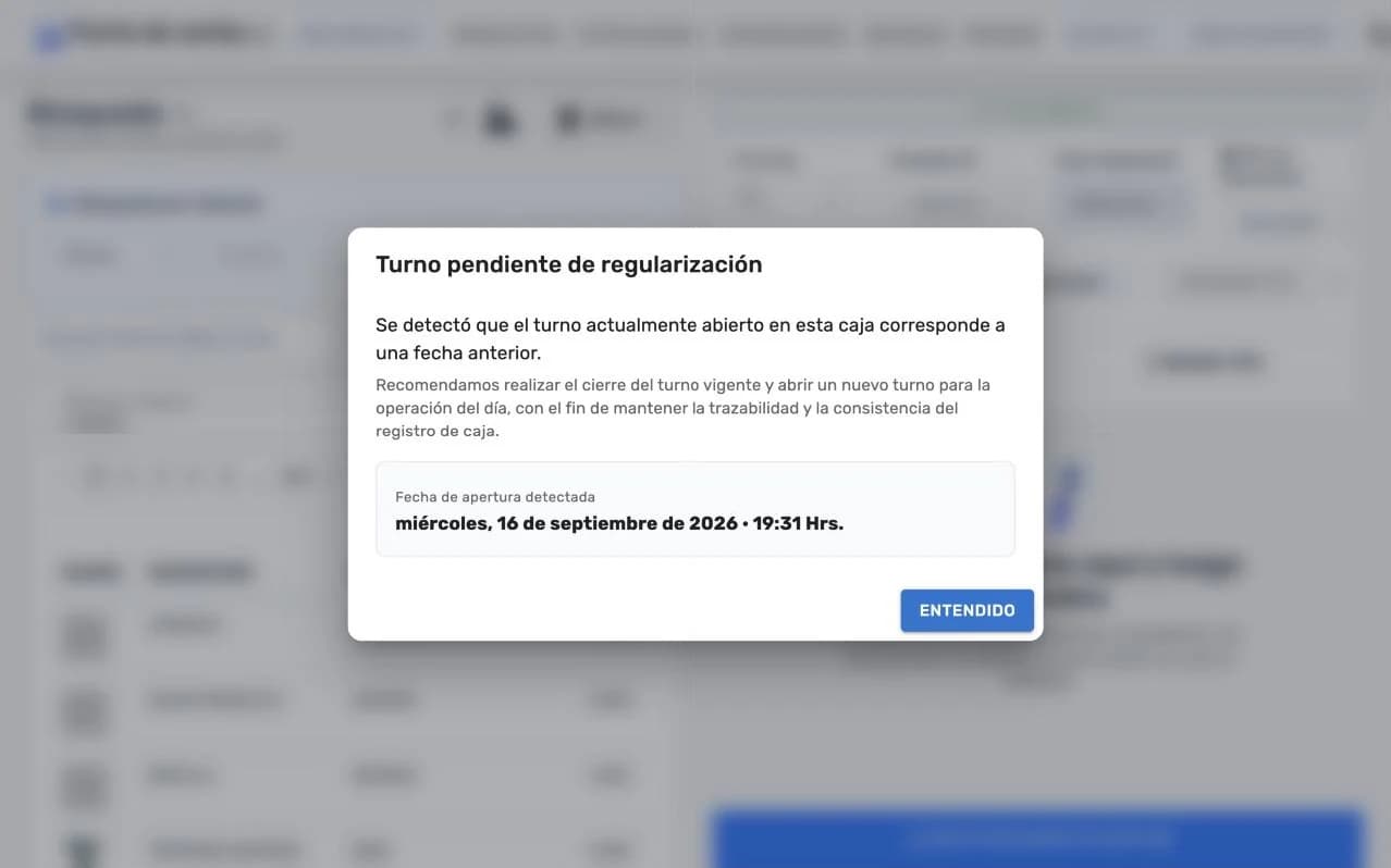 Aviso Turno pendiente de regularización con la fecha de apertura detectada y el botón Entendido