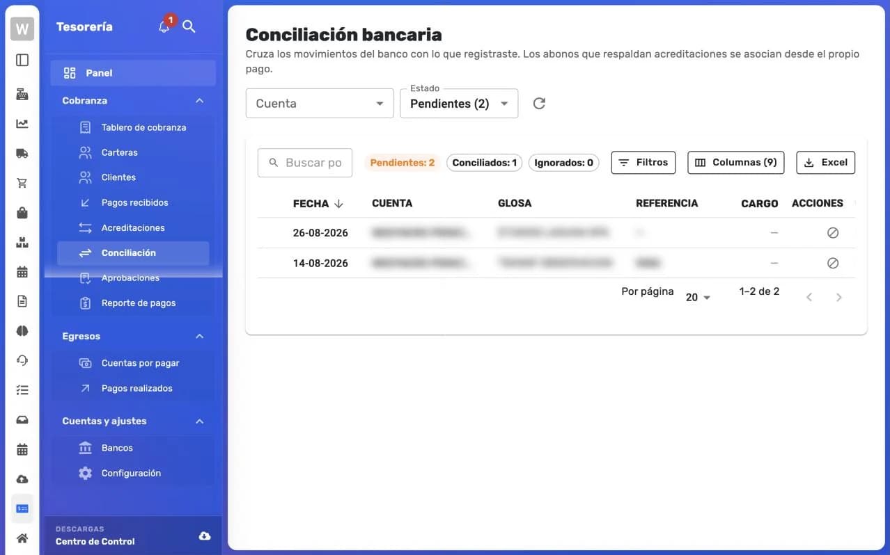 Pantalla Conciliación bancaria con el filtro de cuenta y estado, los contadores Pendientes, Conciliados e Ignorados y la tabla de movimientos con Fecha, Cuenta, Glosa, Referencia, Cargo y Acciones