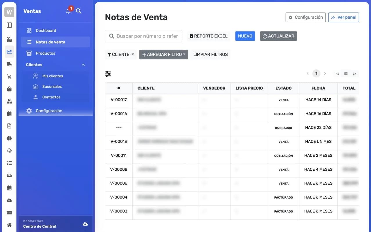 Listado de notas de venta con las columnas número, Cliente, Vendedor, Lista precio, Estado, Fecha y Total; en Estado se ven Venta, Cotización, Borrador y Facturado